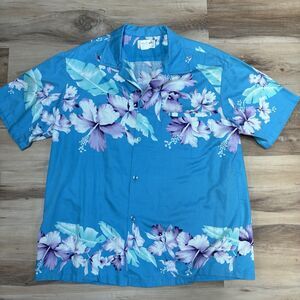 Vintage Helena's Hawaiian Shirt Mens XL Blue Floral Purple Hibiscus Cotton Camp